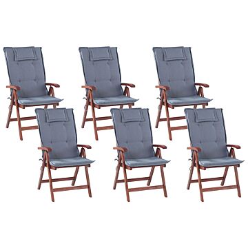 Set Of 6 Garden Chairs Acacia Wood Blue Cushion Adjustable Foldable Outdoor Country Rustic Style Beliani