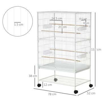 Pawhut Large Bird Cage Aviary For Finch Canaries, Budgies With Rolling Stand, Slide-out Tray, Storage Shelf, Wood Perch, Food Containers, White