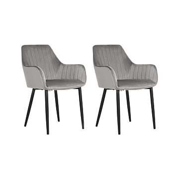 Set Of 2 Dining Chairs Grey Velvet Armrests Black Metal Legs Retro Glam Beliani