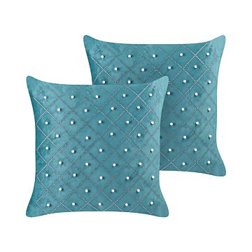Set Of 2 Cushions Teal Velvet 45 X 45 Cm With Decorative Elements Glamour Modern Living Room Bedroom Beliani