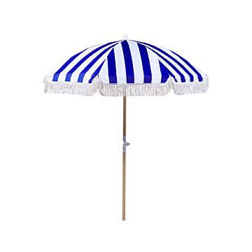 Garden Parasol Blue And White Fabric Beech Wood Pole ⌀ 150 Cm Round Retro Garden Outdoor Umbrella Tilting Uv Resistant Beliani