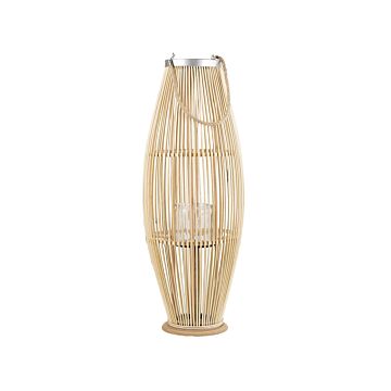 Lantern Light Bamboo Wood And Glass 84 Cm Indoor Outdoor Woven Candle Holder Scandinavian Boho Beliani