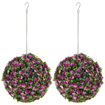 Homcom Set Of 2 Decorative Artificial Plants, Uv-protected Artificial Plant Topiary Rose Balls, Fake Plants For Home Indoor Outdoor Decor, 28cm, Purple