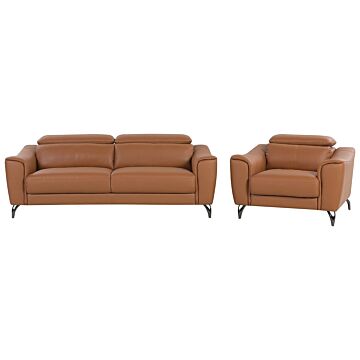 3 + 1 Sofa Set Brown Leather Adjustable Headrest Wide Seating Retro Beliani