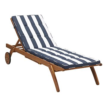 Garden Sun Lounger Light Wood Acacia With Blue Striped Cushion Reclining On Wheels With Table Beliani