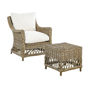 Garden Armchair Natural Rattan With Footrest Cotton Seat Back Cushions Off-white Indoor Outdoor Beliani