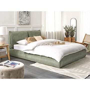 Eu King Size Bed Green Corduroy Upholstery 5ft3 Slatted Base With Thick Padded Headboard Footboard