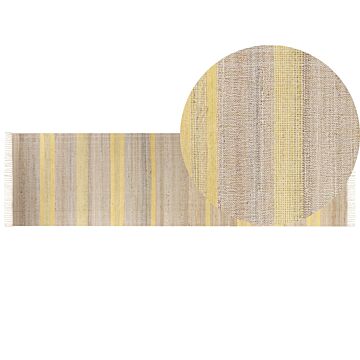 Runner Rug Beige And Yellow Jute 80 X 300 Cm Rectangular With Tassels Striped Pattern Handwoven Boho Style Hallway Beliani
