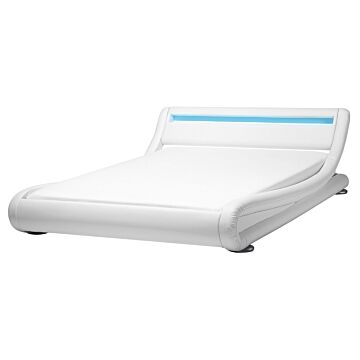 Platform Waterbed White Faux Leather Upholstered With Mattress Accessories Led Illuminated Headboard 5ft3 Eu King Size Sleigh Design Beliani