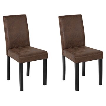 Set Of 2 Dining Chairs Brown Faux Leather Suede Wooden Legs Traditional Beliani
