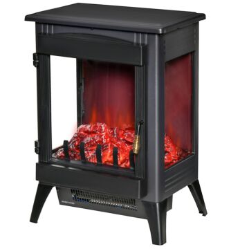 Homcom Free Standing Electric Fireplace Stove, Fireplace Heater With Led Flame Effect, 3-sided Tempered Glass, Overheat Protection, 1000w/2000w, Black