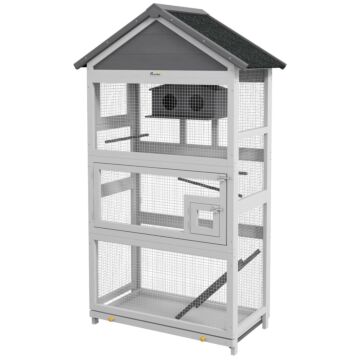 Pawhut Wooden Bird Cage, With Stand, For Finches, Parakeets, Small Birds - Grey