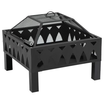Outsunny Outdoor Fire Pit With Screen Cover, Wood Burner, Log Burning Bowl With Poker For Patio, Backyard, Black