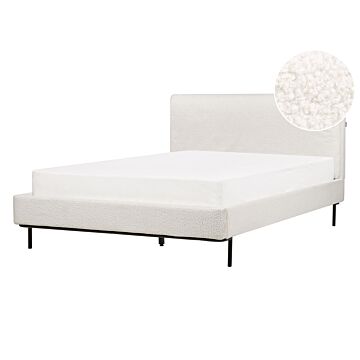 Slatted Bed Frame White Polyester Boucle Fabric Upholstered 4ft6 Eu Double Size Modern Design Beliani