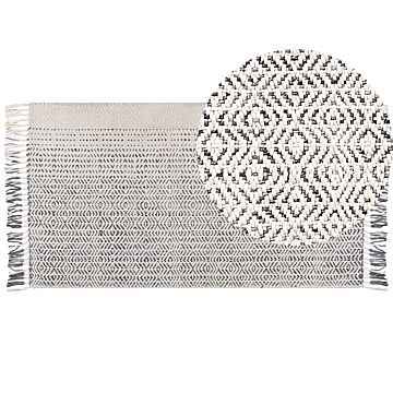 Rug White And Grey Wool Cotton 80 X 150 Cm Hand Woven Flat Weave With Tassels Beliani