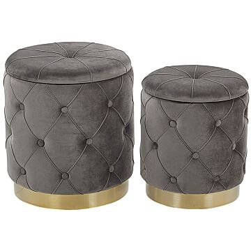 Set Of Storage Pouffes Grey Polyester Velvet Button Tufted Upholstery Golden Base Retro Design Beliani
