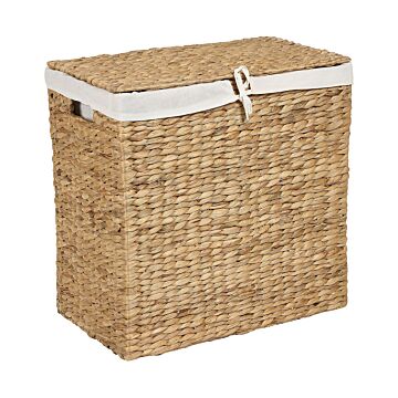 Basket With Lid Light Water Hyacinth Laundry Hamper 2-compartments With Handles Beliani