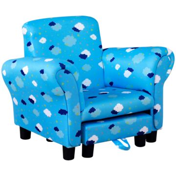 Homcom Childrens Sofa Mini Sofa Wood Frame W/ Footrest Anti-slip Legs High Back Arms Bedroom Playroom Furniture Cute Cloud Star Blue