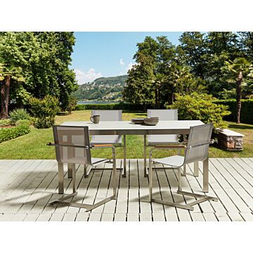 Garden Dining Set White Tabletop Glass Stainless Steel Frame Beige Set Of 4 Chairs Textilene Modern Outdoor Style Beliani