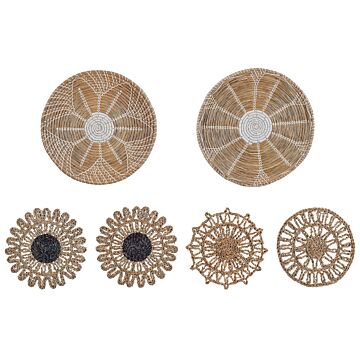 Set Of 6 Wall Decor Natural Seagrass Decorative Hanging Plates Baskets African Style Beliani