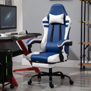 Vinsetto Pu Leather Gaming Chair W/ Headrest, Footrest, Wheels, Adjustable Height, Racing Gamer Recliner, Blue White