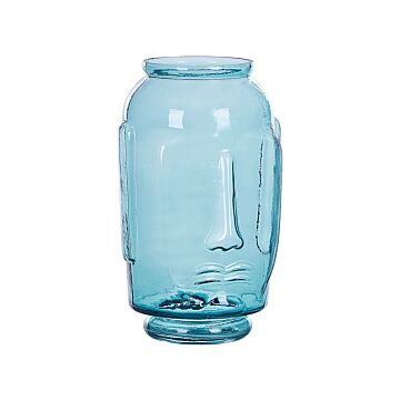 Vase Blue Glass Coloured Tinted Transparent Decorative Glass Face Motif Home Accessory Beliani