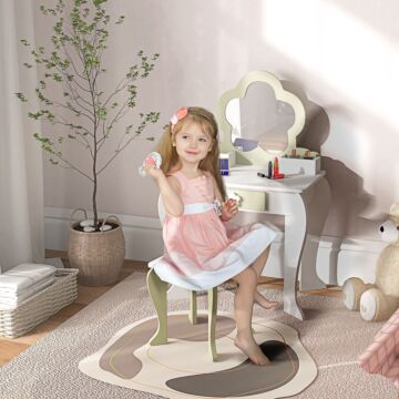 Zonekiz Kids Vanity Table With Mirror And Stool, Drawer, Storage Boxes, Beauty Flower Design, For 3-6 Years Old, White