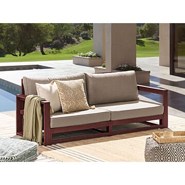 Garden Sofa Mahogany Brown And Taupe Acacia Wood Outdoor 2 Seater With Cushions Modern Design Beliani