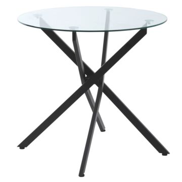 Homcom Side Table With Clear Tempered Glass Top, Round Table With Metal Legs, Modern Dining Table Furniture For Dining Room Living Room, Black