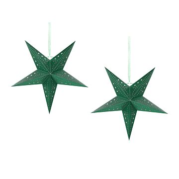 Set Of 2 Star Lanterns Green Paper 45 Cm Glitter Hanging Christmas Home Decororation Seasonal Festive Beliani