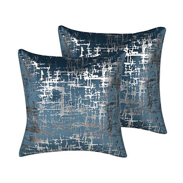 Set Of 2 Decorative Cushions Blue Velvet Silver Crackle Effect 45 X 45 Cm Foil Print Pattern Glamour Decor Accessories Beliani
