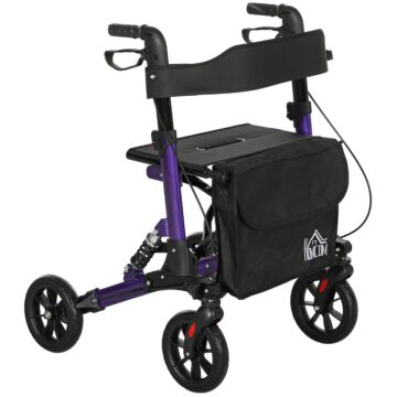 Homcom Folding Rollator Walker With Seat, Backrest, Lightweight Walking Frame With Storage Bag, Dual Brakes, Adjustable Handle Height, Suspension System, 4 Wheeled Walker For Seniors, Purple