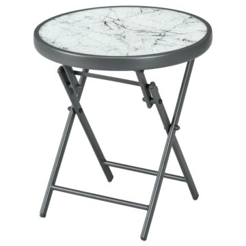 Outsunny Φ45cm Outdoor Side Table, Round Folding Patio Table With Imitation Marble Glass Top, Small Coffee Table, White