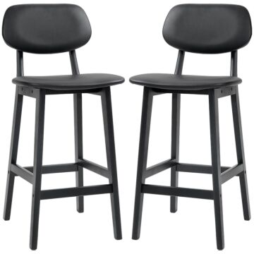 Homcom Bar Stools Set Of 2, Modern Breakfast Bar Chairs, Faux Leather Upholstered Kitchen Stools With Backs And Wood Legs, Black