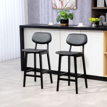 Homcom Bar Stools Set Of 2, Modern Breakfast Bar Chairs, Faux Leather Upholstered Kitchen Stools With Backs And Wood Legs, Black