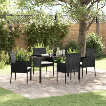 Vidaxl 5 Piece Garden Dining Set With Cushions Black Poly Rattan