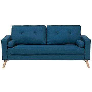 Fabric Sofa Blue Fabric Upholstery 2 Seater Button Tufted With Two Bolsters Beliani