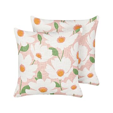 Set Of 2 Scatter Cushions Pink Cotton 45 X 45 Cm Floral Pattern Handmade Removable Cover With Filling Boho Style Beliani