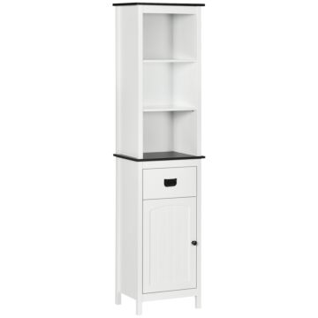 Kleankin Tall Bathroom Cabinet, Freestanding Slim Storage Cupboard With Adjustable Shelves And Drawer For Living Room, Slim Organiser Unit, White