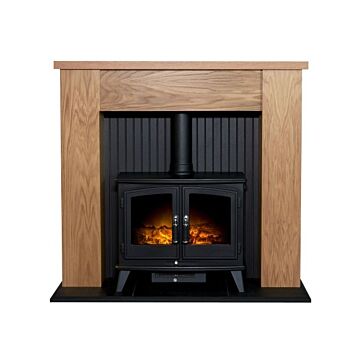 Adam New England Stove Fireplace In Oak & Black With Woodhouse Electric Stove In Black, 48 Inch