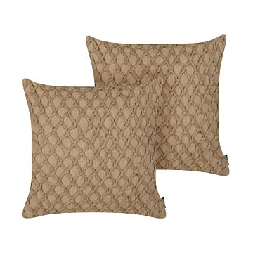 Set Of 2 Decorative Cushions Beige Jute 45 X 45 Cm Woven Removable With Zipper Geometric Pattern Boho Decor Accessories Beliani