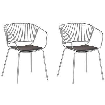 Set Of 2 Dining Chairs Silver Metal Wire Design Faux Leather Black Seat Pad Accent Industrial Glam Style Beliani