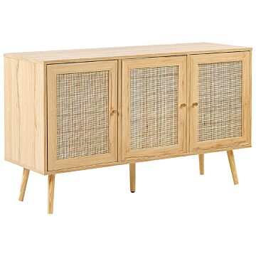 3 Door Sideboard Light Wood Manufactured Wood With Rattan Front Drawers Boho Style Nighstand Beliani