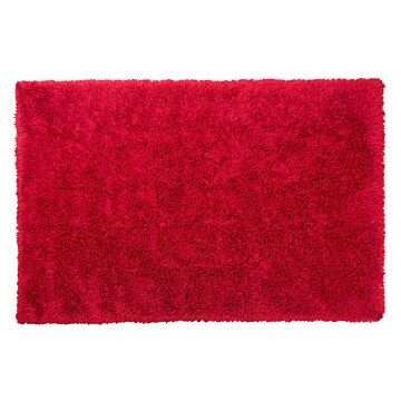 Shaggy Area Rug High-pile Carpet Solid Red Polyester Rectangular 140 X 200 Cm Beliani