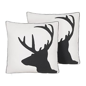 Set Of 2 Decorative Cushions Black And White 45 X 45 Cm Reindeer Motif Christmas With Filling Beliani