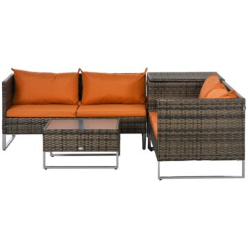 Outsunny 4 Pcs Garden Rattan Wicker Outdoor Furniture Patio Corner Sofa Love Seat And Table Set With Cushions Side Desk Storage - Orange