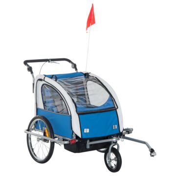 Homcom Bike Trailer 2-seater For Bicycle Baby Child Jogger With Removable Canopy Storage Pocket Outdoor Steel Frame Blue