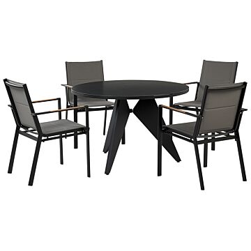 Outdoor Dining Set Black Aluminium 4 Seater Round Table 110 Cm Upholstered Chairs With Grey Seat Pads Beliani