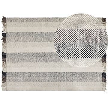 Area Rug Off-white Wool 160 X 230 Cm Rectangular Hand Woven With Tassels Modern Design Beliani