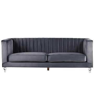 Sofa Grey 3 Seater Velvet Tuxedo Style Quilting Beliani